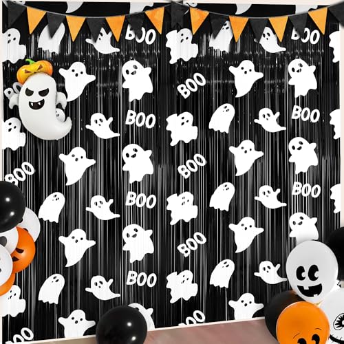 Halloween Foil Fringe Curtains - Ghost & Boo Theme, 4 Pack, Black & White, 3.3x6.6 Ft, Ghost Photo Backdrop, Party Decorations, Kids & Baby Shower