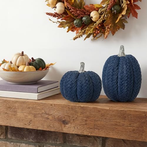 Blue Fall Pumpkins Set of 2 - Small Resin Braided Autumn Table Decor