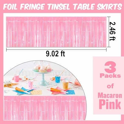 Macaron Pink Foil Fringe Table Skirts - 3 Pack Party Decor Streamers, 29x108 Inches