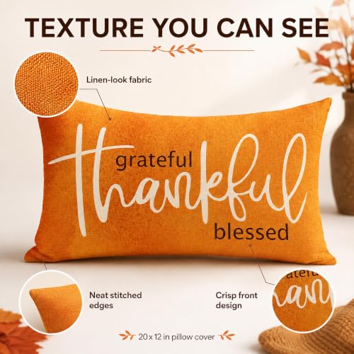 Thanksgiving Thankful Rectangle Lumbar Throw Pillow Cover - Orange, 12x20, Farmhouse Decor