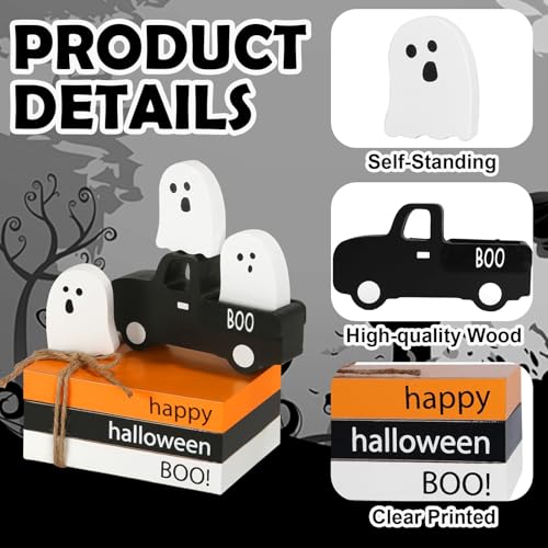 SYNCVIBE Halloween Book Stack Decor with Ghosts and Wooden Truck - Spooky Faux Book Set
