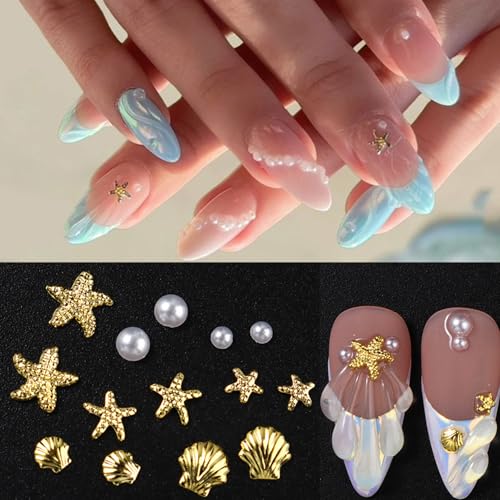 Summer Ocean Style Nail Charms Set - Gold & Silver Starfish & Seashells - 100 Pcs