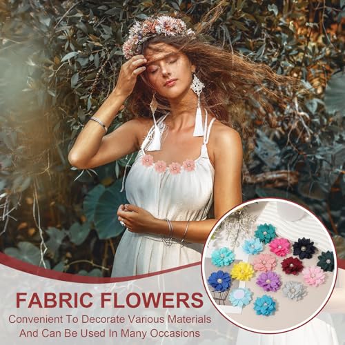 Light Blue Fabric Flowers with Rhinestones and Pearls, 15 Pcs for DIY Crafts & Wedding Decorations