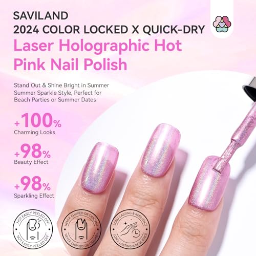 Pink Holographic Nail Polish - Metallic Finish, 10ml, Fast Drying - SAVILAND