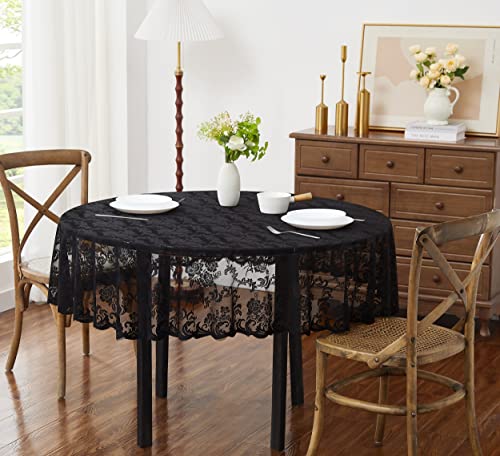120 Inch Black Round Tablecloth - Vintage Linen for Weddings & Events - Mia Variation