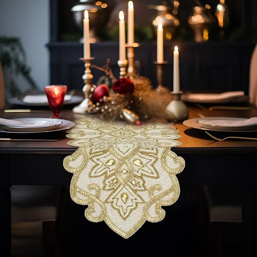 Beaded Table Runner Ivory & Gold - Handmade 13x36 Inches - Gold Variation