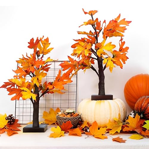 Artificial Fall Maple Tree with LED Lights - Harvest Autumn Decor for Indoor Table Fireplace