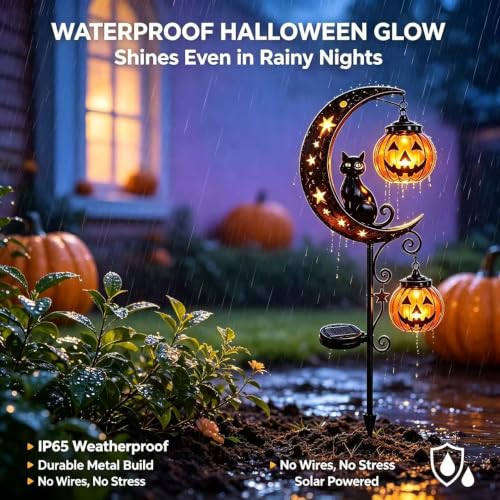 Halloween Solar Cat Garden Stake Light with Pumpkin Moon - Outdoor Yard Decor B