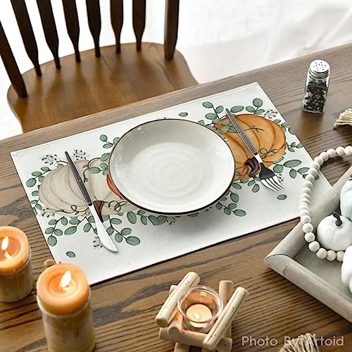 Rectangular Fall Placemats Set of 4 - 12x18 Inch Orange Pumpkins & Eucalyptus Leaves