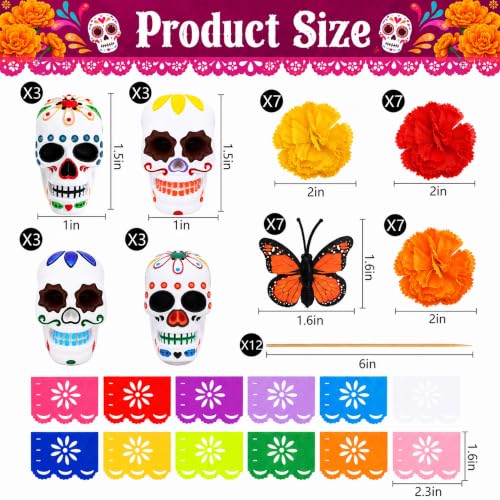 52 Pcs Day of the Dead Skull Miniature Set - Dia De Los Muertos Decor with Flowers & Flags