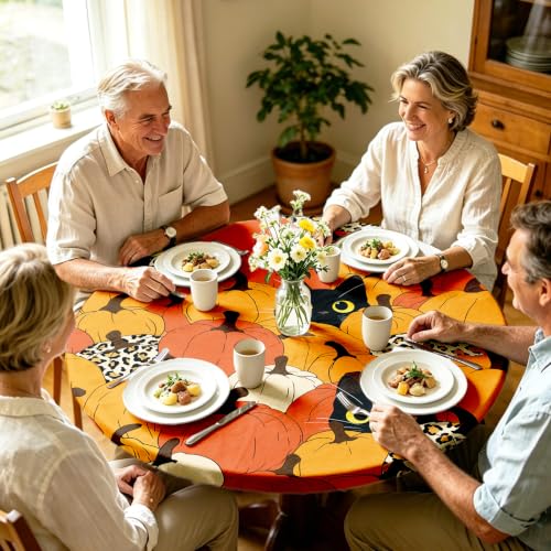 Hiboss Fall Round Tablecloth with Pumpkin & Cat Design - Autumn Thanksgiving Decor - Fall 02