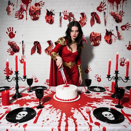 Halloween Party Banner with Fake Knives & Red Splatter Effects – Creepy Haunted House Decorations (4 Pieces)