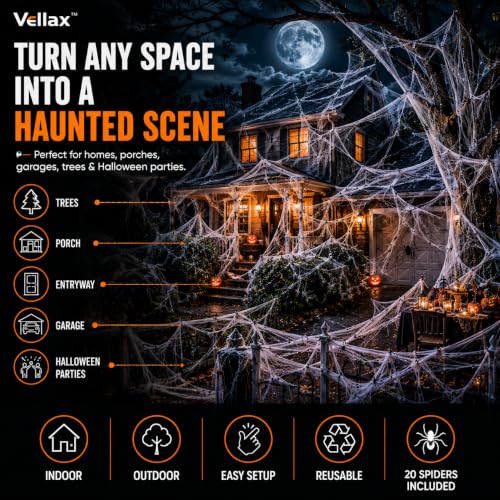 Vellax Halloween Spider Web Decorations with 20 Spiders - 200g Stretchable Cobweb for Indoor & Outdoor Use