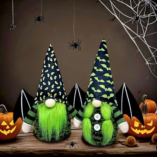 Black Bat Wing Gnomes Halloween Decorations Set of 2 - Plush Handmade Tomte Dolls