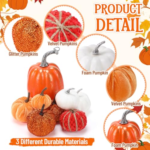 Artificial Fall Pumpkin Set with Maple Leaves Pinecones for Thanksgiving Decor - 24 Pcs