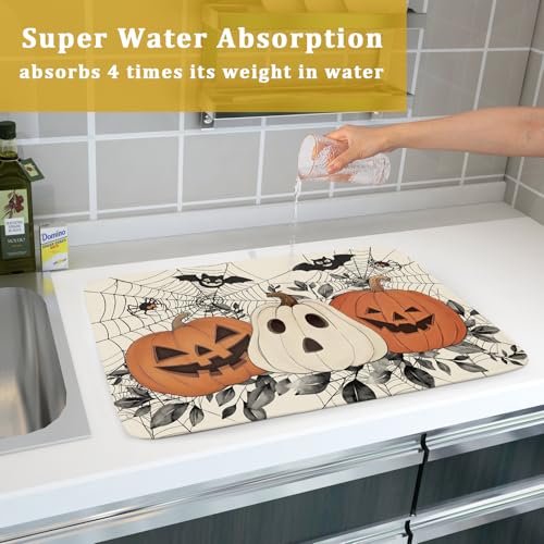 Halloween Pumpkin Dish Drying Mat for Kitchen Counter 18x24 Black Bat & Spiderweb