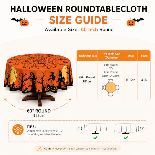 Halloween Round Tablecloth 60 Inch Pumpkin Spider Web Bat Water-Resistant Reusable Table Cover - Orange