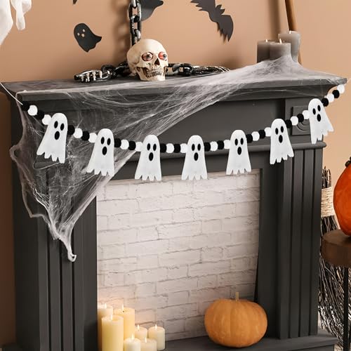 Halloween Ghost Felt Garland with Pom Poms - 4 Ft Spooky Party Decor