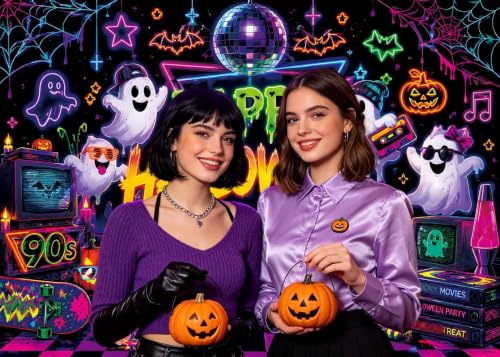 90s Retro Halloween Backdrop 6x4FT Neon Spooky Ghosts Pumpkins Party Decor