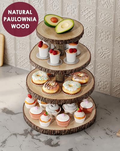 Wood Cupcake Stand 4 Tier Roud Rustic Cake Display Holder for Parties