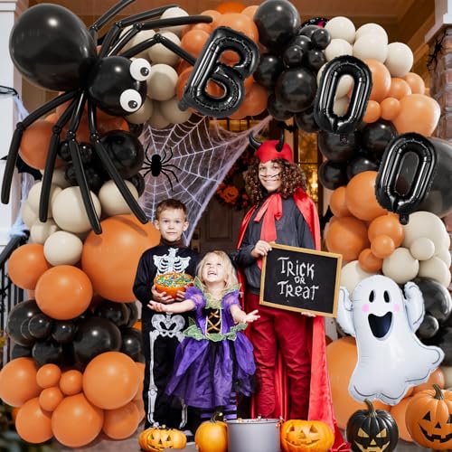 Halloween Balloon Garland Arch Kit with Ghost, BOO, Spider Web & Eyeball Balloons - Black Orange White Sand Variation
