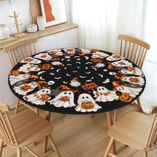 Round Halloween Tablecloth with Elastic Ghost Pumpkin Bat for 40-44 Inch Tables - Black, White, 43"