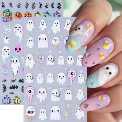 Halloween Ghost & Pumpkin Nail Stickers Set - Self-Adhesive 4 Sheets, 5D Embossed Nail Art Decals, Ghost Pumpkin Variation