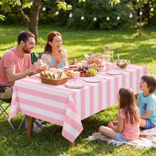 Disposable Pink and White Striped Tablecloths - 3 Pack, 54x108 Inches, Carnival Theme, Party Decor