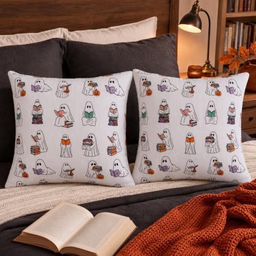 Halloween Ghost Reading Pillow Covers - 2 Pack, 18x18 Inch Bookish Decorative Pillowcases