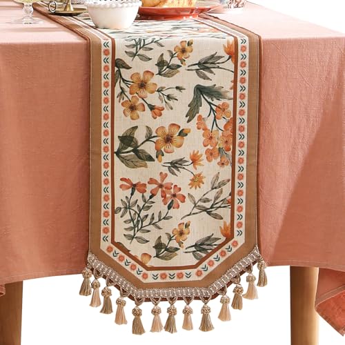 French Linen Small Table Runner - Anthea 12" x 63" Elegant Floral Design