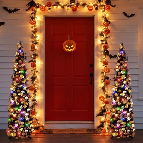 Halloween Tree Decorations with Lights - 5FT Black Purple Collapsible Tinsel Tree with Pumpkins & 8 Lighting Modes