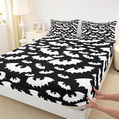 Halloween Bat Bedding Set Full Size - Glitter Stars Galaxy Kids Bed Sheets with Variation Multi 45