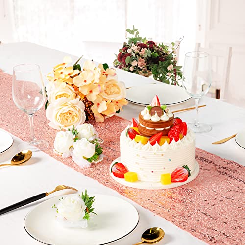 Disposable Tablecloth and Sequin Table Runner Set for Weddings & Parties - 8ft Rectangular, White & Rose Gold