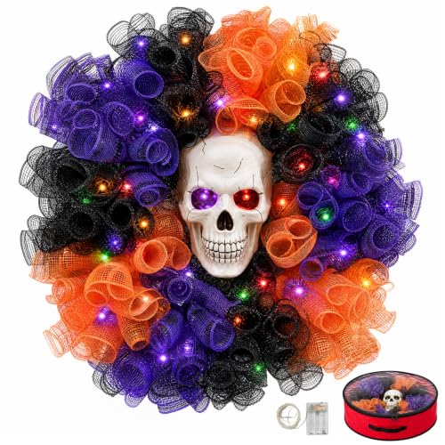 Halloween Wreath with Skull & Color-Changing Lights - 24-inch Decor