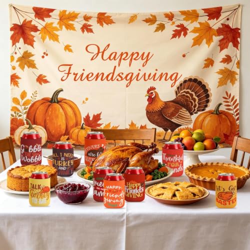 Friendsgiving Can Cooler Sleeves Set - 18 Pack with Fall Designs - Friendsgiving Color