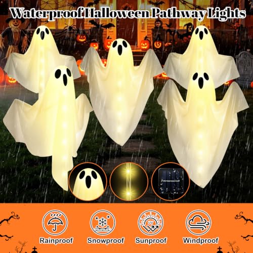 3-Pack Solar Ghost Lights Outdoor - 27.8 Inch Halloween Yard Decor, Light Up Ghost with 8 Modes & Adjustable Arms - Warm White Variation