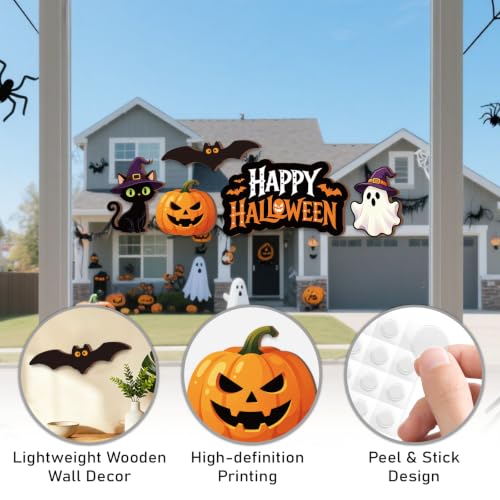 Halloween Ghost Bat Pumpkin Wooden Wall Art Decor with Cat Variation