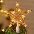 Gold Star Christmas Tree Topper with 10 LED Bulbs - 9 Inch Twined Metal Holiday Decoration - Plug-in