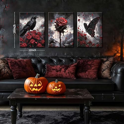 Gothic Crow Wall Art Set - 3 Pieces Canvas Prints with Roses & Skulls, Framed Halloween Decor, 16x12 inches - Crow Rose Variation