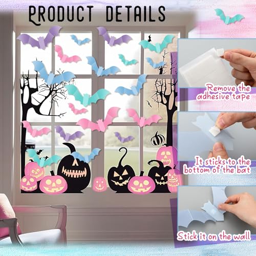 Pastel Halloween Bat Wall Decor Set - 64 Waterproof PVC Bats for Indoor & Outdoor Use