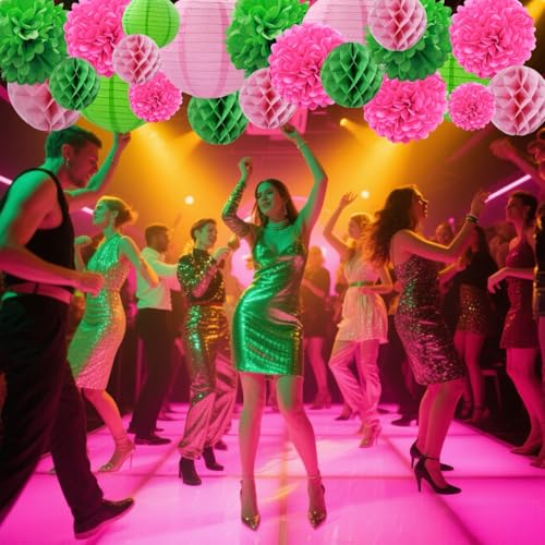 Party Decor Set with Pink and Green Paper Lanterns, Pom Poms & Honeycombs - Reusable Event Decorations
