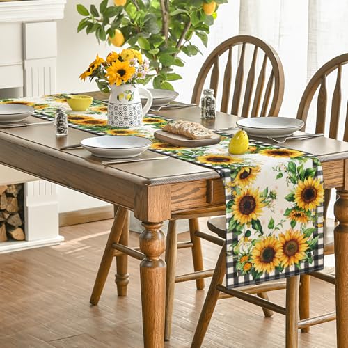 Buffalo Plaid Sunflower Table Runner 13 x 72 Inch Seasonal Kitchen Decor