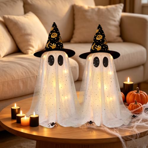 Halloween Ghost Decorations Set B - 2 Lighted 21.7 Inch Spooky Tabletop Decor with Witch Hats