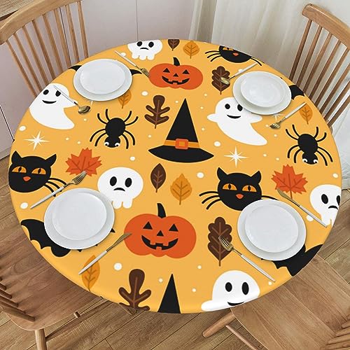 Halloween Ghost Pumpkin Round Fitted Waterproof Tablecloth - 44 Inch Elastic Edged for Indoor Outdoor Use