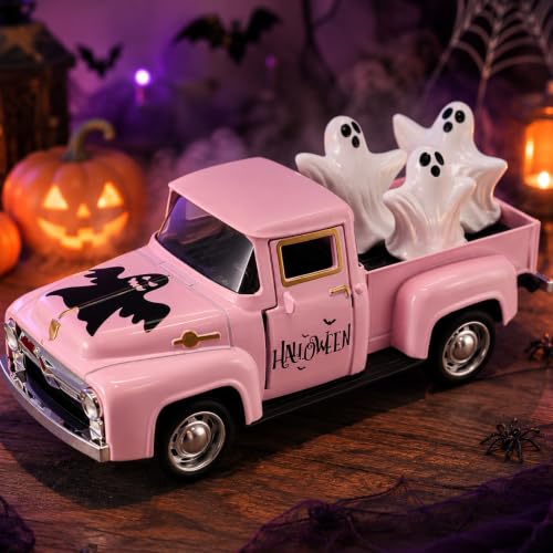 Pink Ghost Truck Halloween Figurine Set with Removable Mini Ghosts - Indoor Decor
