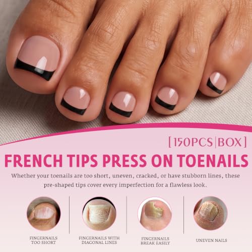 Press On Toe Nail Tips Square Black French in Nude Base - 150Pcs