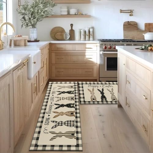 Easter Bunny Kitchen Rugs Set of 2 - Black & White Checkered Spring Decor