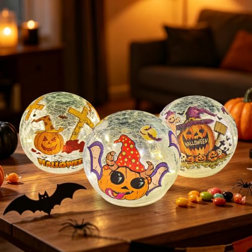 Halloween Crackle Glass Pumpkin LED Globe Lights - Battery Operated, 6H Timer, Orange Pumpkin Variation