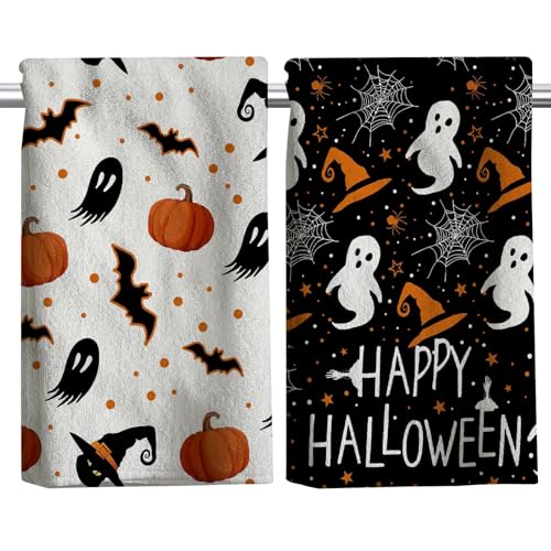 Halloween Kitchen Towels 2 Pack Ghost Pumpkin Hand Dish Drying Cloths - 18x26 Inches - Festive Decor & Absorbent Microfiber