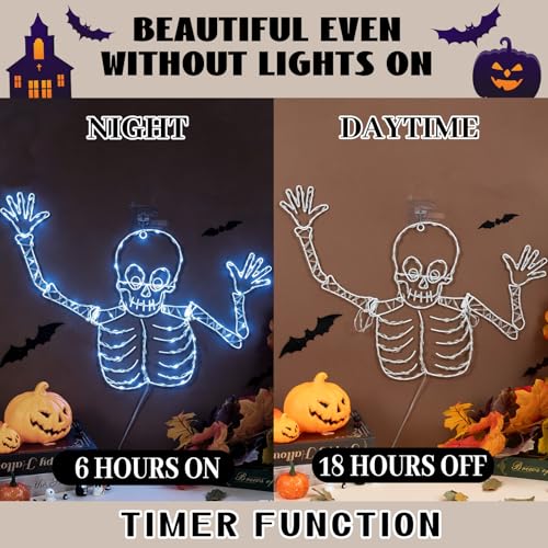 Halloween Skull Window Lights - Wrought Iron Skeleton Decor with 8 Lighting Effects & Timer, 21 Inch